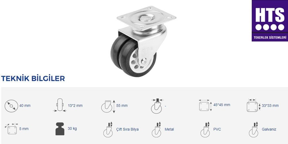 Hts 121 Çift Makaralı Tablalı Mobilya Tekeri 40 Lık