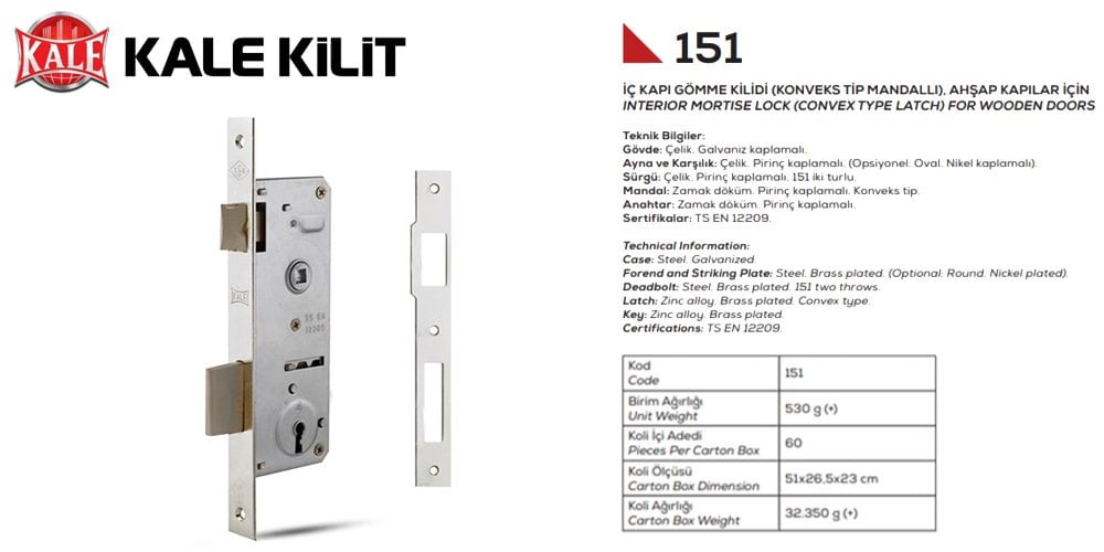 Kale Kilit 151 Gömme Kapı Kilidi Tek Anahtarlı