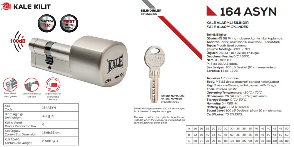 Kale Kilit 164 ASYN 76 mm Yeni Nesil Alarmlı Bilyalı Nikel Barel