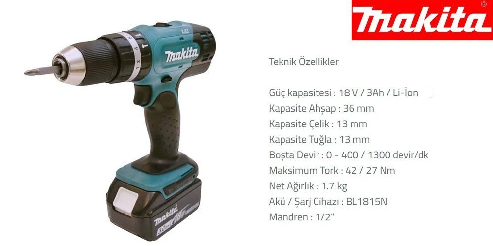 Makita DHP453SFE3 Akülü Darbeli Matkap 18V