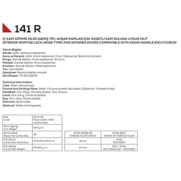 Kale Kilit Oval Oda Kapı Kilidi - 141R-45 mm / Nikel