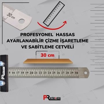 Profesyonel Hassas Ayarlanabilir Çizme İşaretleme ve Sabitleme Cetveli 30 cm