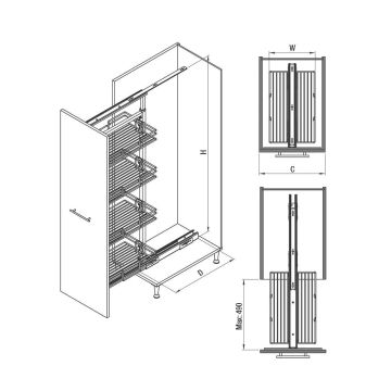 Starax Sepetli Teleskopik Mutfak Kiler 1122 Tel Sepetli / 45 cm - 125 cm - 140 cm Arası / 4 Sepetli