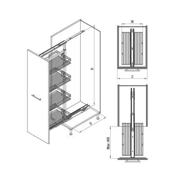 Starax Sepetli Teleskopik Mutfak Kiler 1521 Ahşap Tabanlı / 40 cm - 140 cm - 155 cm Arası / 5 Sepetli