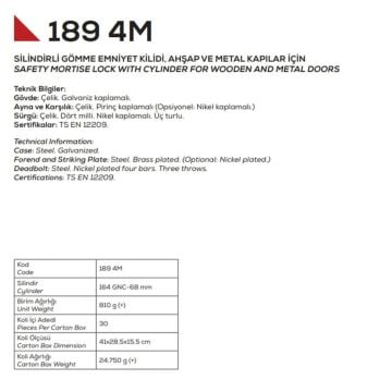 Kale Kilit Emniyet Kilidi 189-3MF / 3 Milli - Nikel