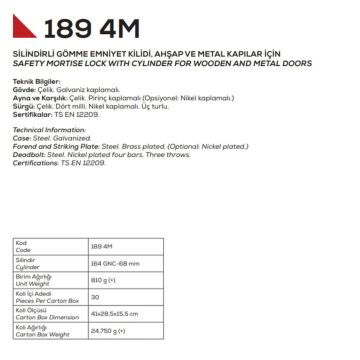 Kale Kilit Emniyet Kilidi 189-4MF / 4 Milli - Sarı